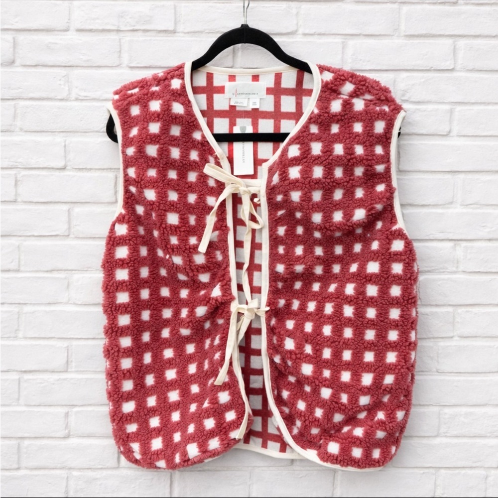 By Anthropologie Check Fleece Vest Red Tie Front One Size NEW cardi cardigan